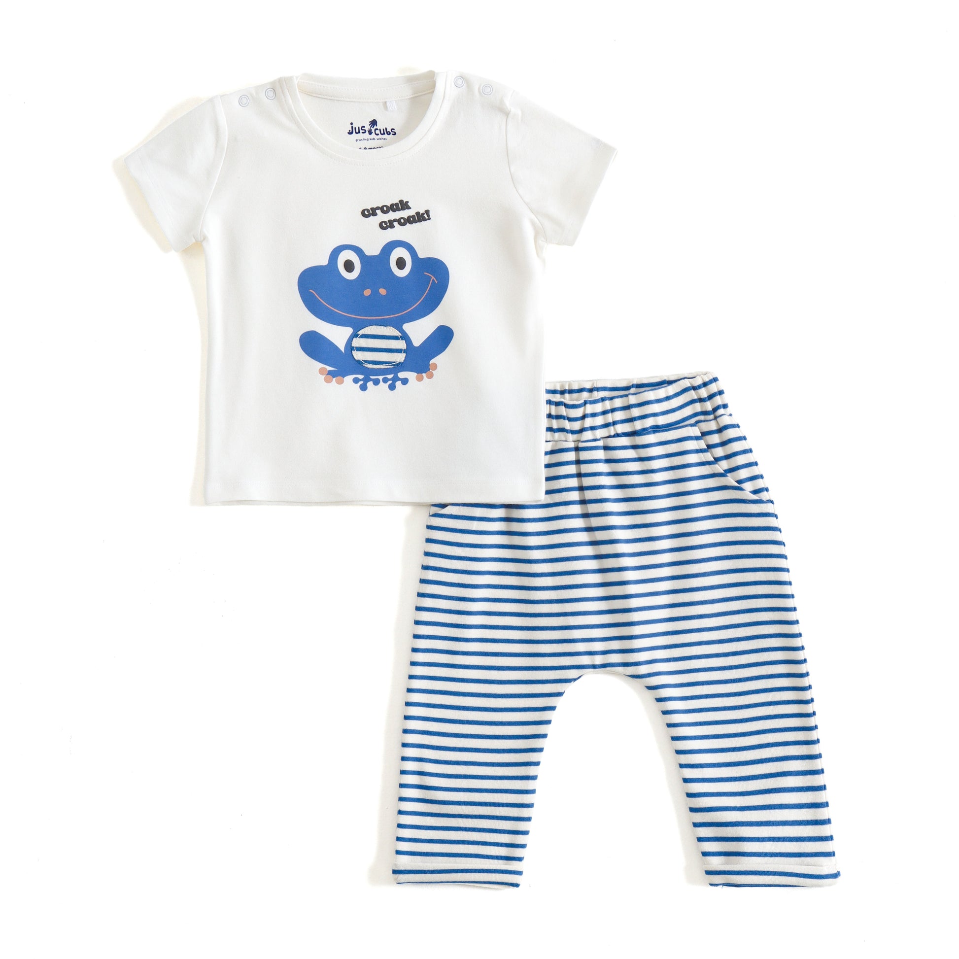 JusCubs Baby Boys Frog Graphic Printed T-Shirt & Striped Pants Co-Ord Set
