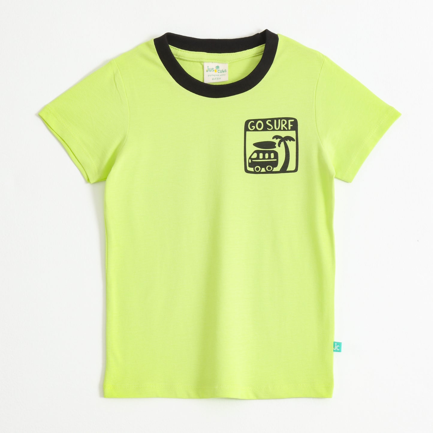 Boys Neon Green Go Surf Back Graphic Printed Cotton T-Shirt