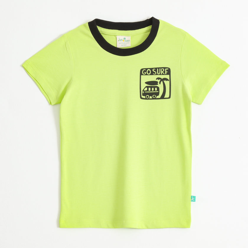 Boys Neon Green Go Surf Back Graphic Printed Cotton T-Shirt