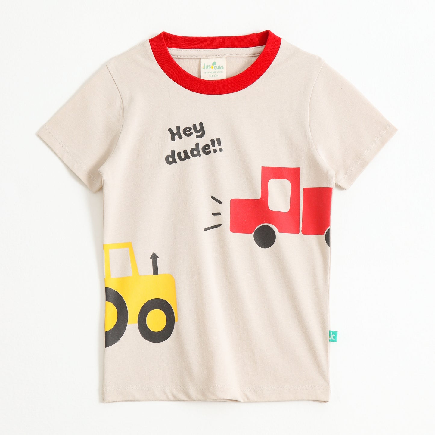 Boys Beige Vehicle Graphic Printed Cotton T-Shirt