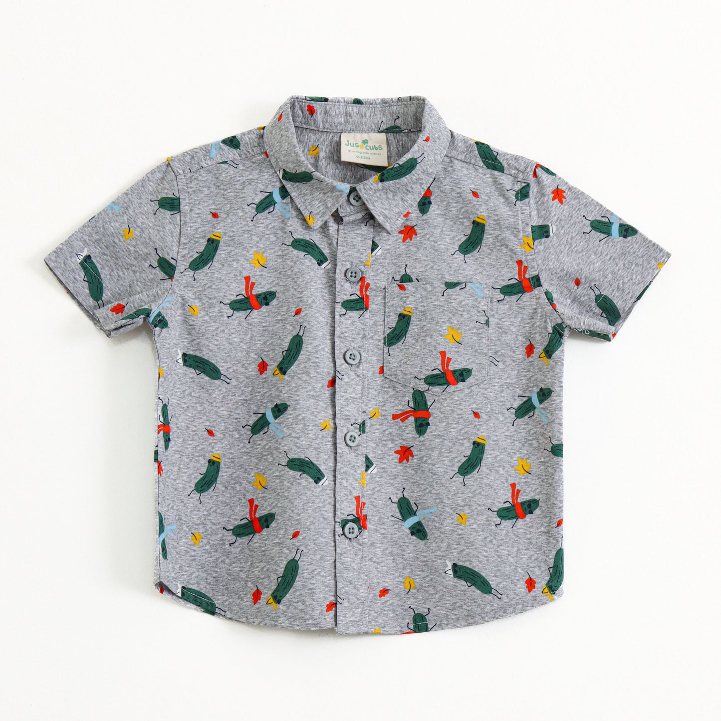 Baby Boys Grey Printed Shirt with Collar – Lightweight Cotton Summer Wear | JusCubs