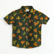 Baby Boys Casual Pizza Print Shirt – Stylish Olive Green Cotton Shirt with Collar