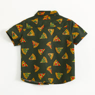 Baby Boys Casual Pizza Print Shirt – Stylish Olive Green Cotton Shirt with Collar