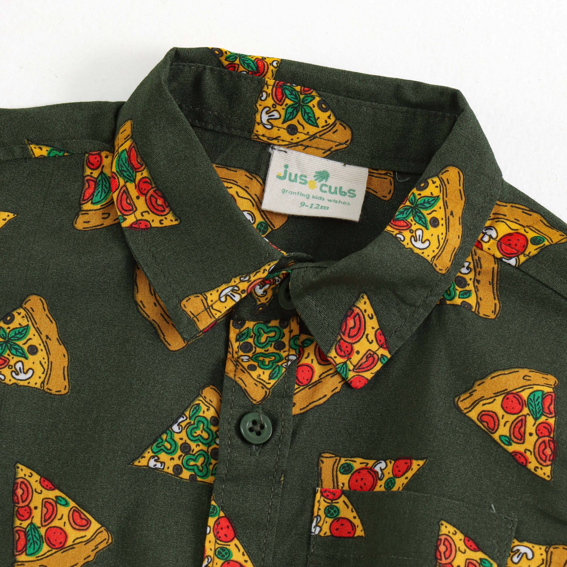 Baby Boys Casual Pizza Print Shirt – Stylish Olive Green Cotton Shirt with Collar