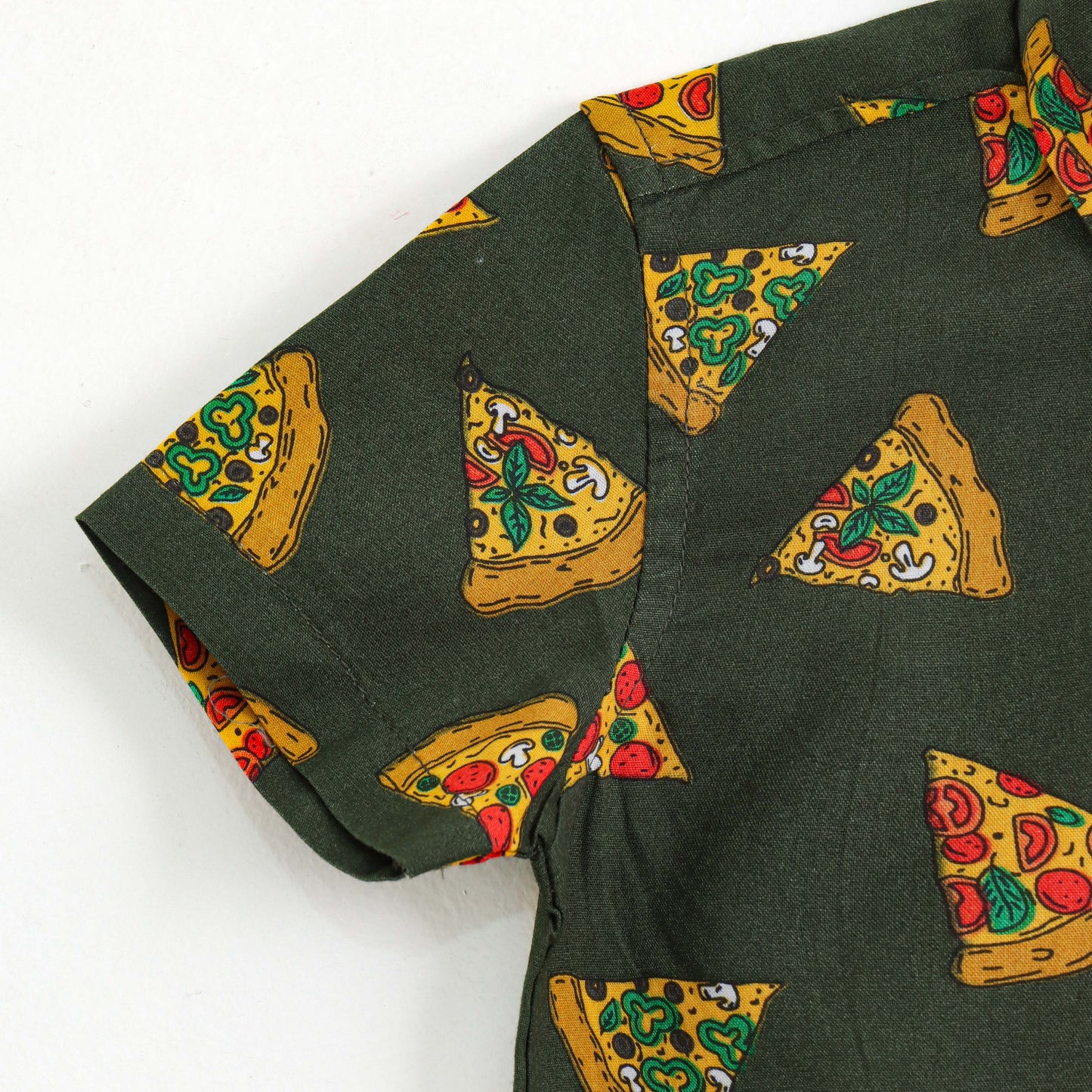 Baby Boys Casual Pizza Print Shirt – Stylish Olive Green Cotton Shirt with Collar