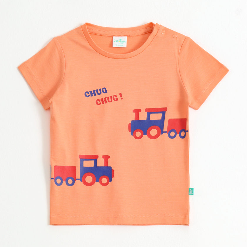 Baby Boys Peach Train Graphic Printed Cotton T-Shirt