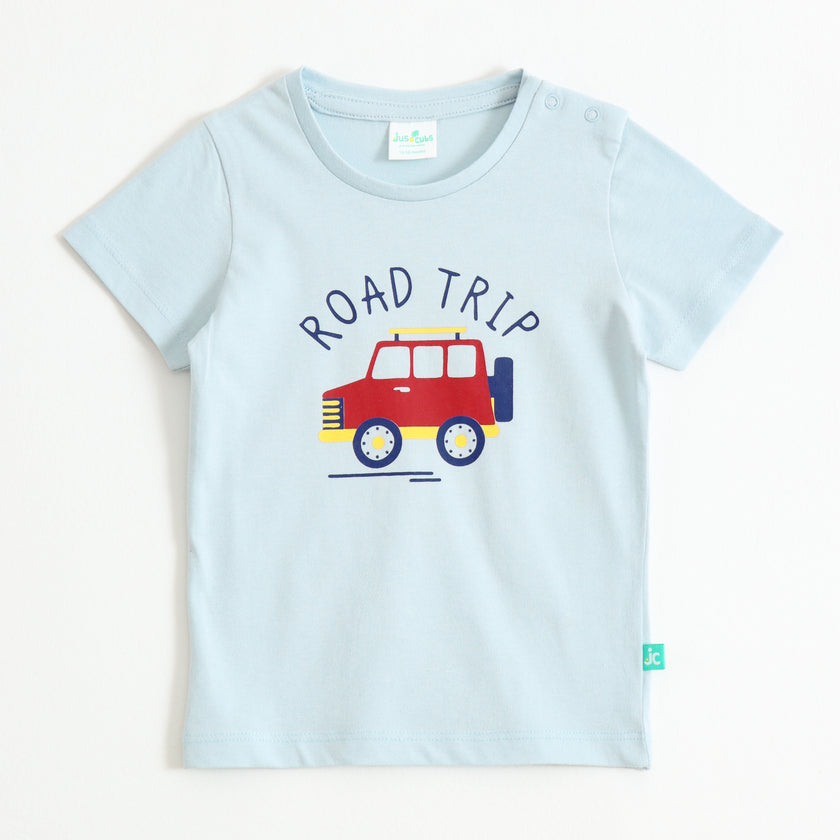 Baby Boys Sky Blue Road Trip Graphic Printed Cotton T-Shirt