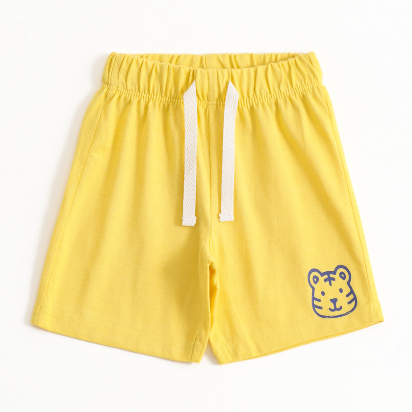 Yellow Cotton Graphic Printed Elastic Waist Shorts with Drawstring
