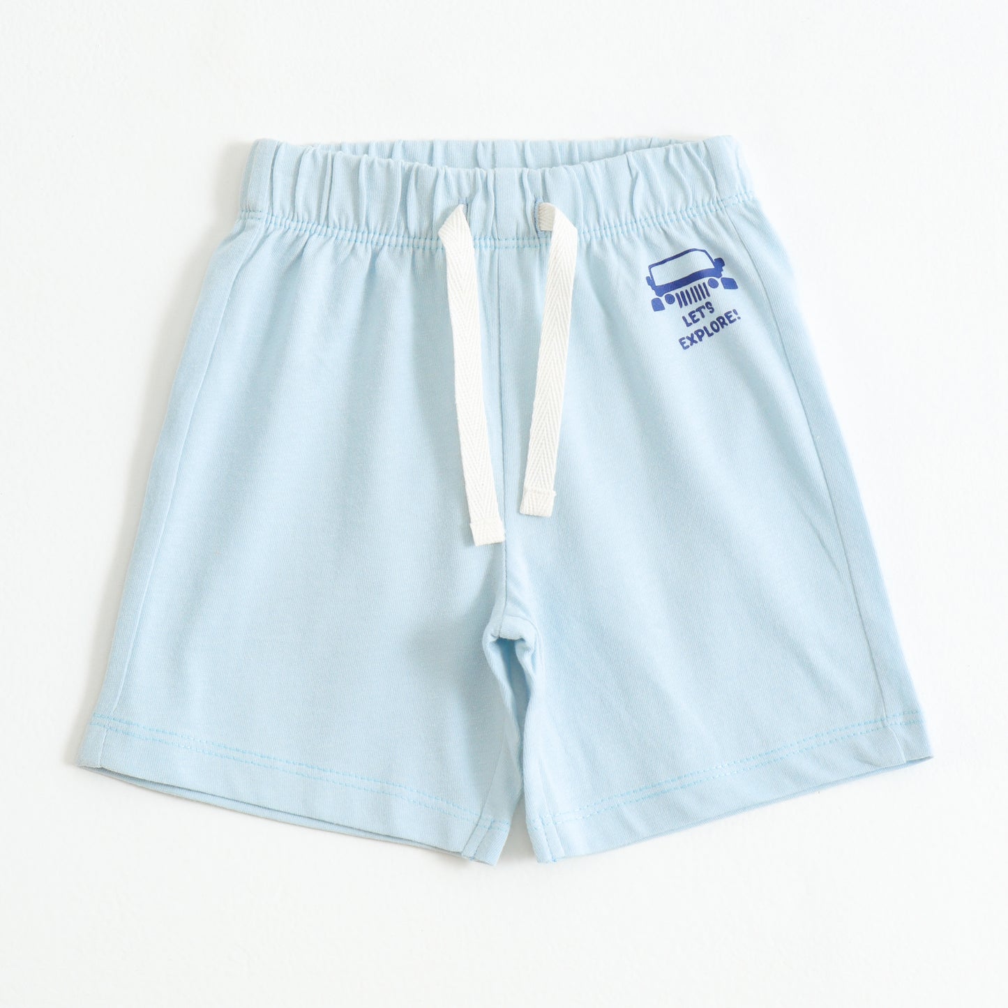 Boys Sky Blue Cotton Knit Drawstring Shorts with Jeep Print