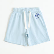 Boys Sky Blue Cotton Knit Drawstring Shorts with Jeep Print