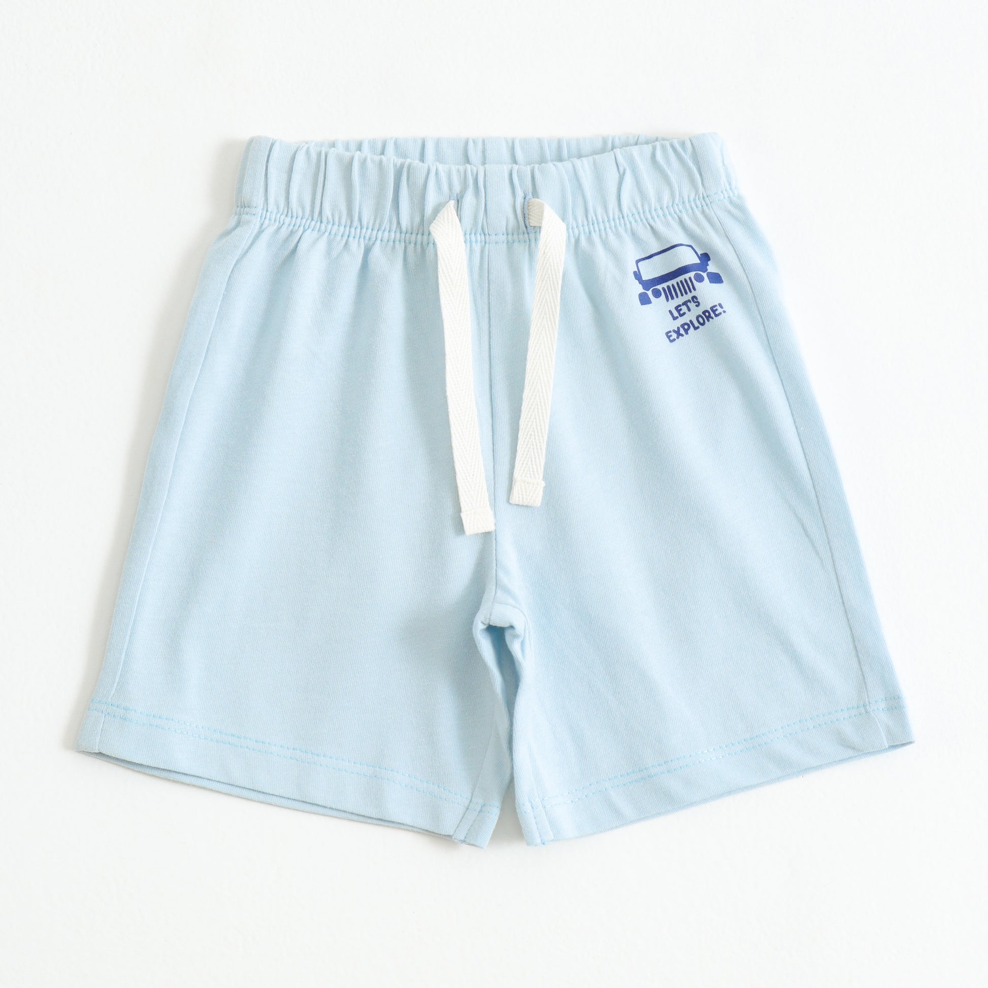 Boys Sky Blue Cotton Knit Drawstring Shorts with Jeep Print