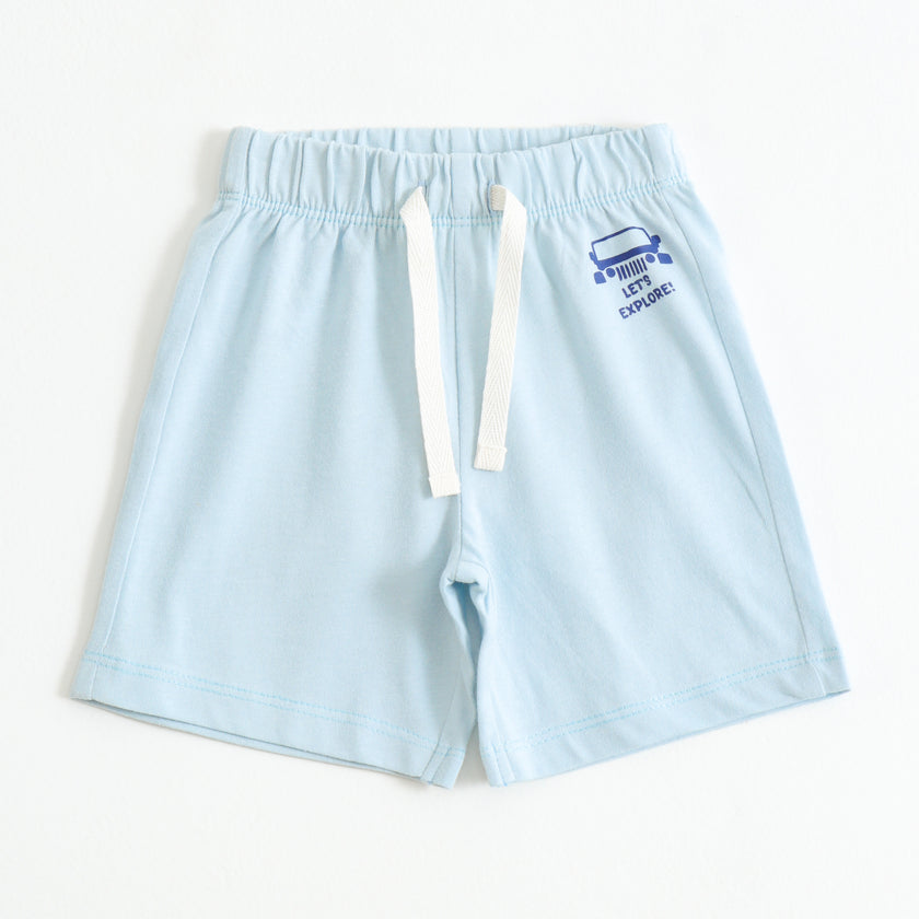 Boys Sky Blue Cotton Knit Drawstring Shorts with Jeep Print
