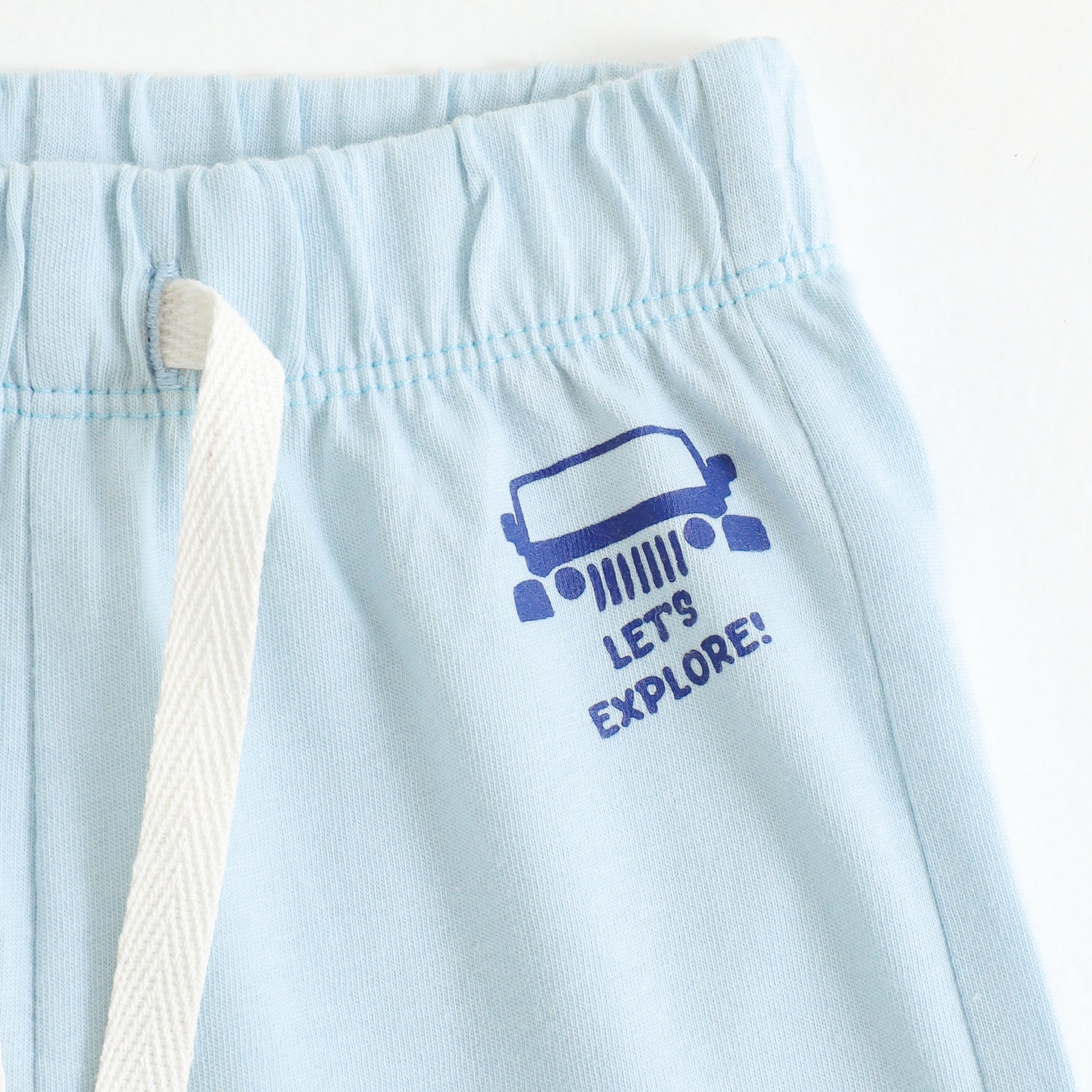 Boys Sky Blue Cotton Knit Drawstring Shorts with Jeep Print