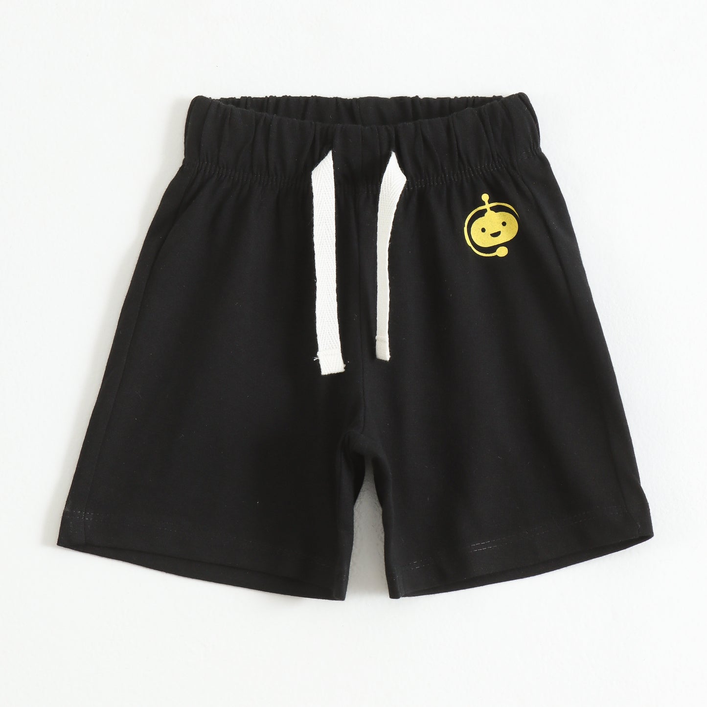 Boys Black Cotton Knit Drawstring Shorts with Robot Print