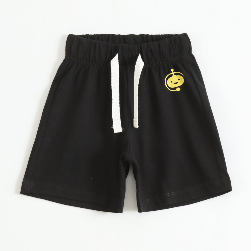 Boys Black Cotton Knit Drawstring Shorts with Robot Print
