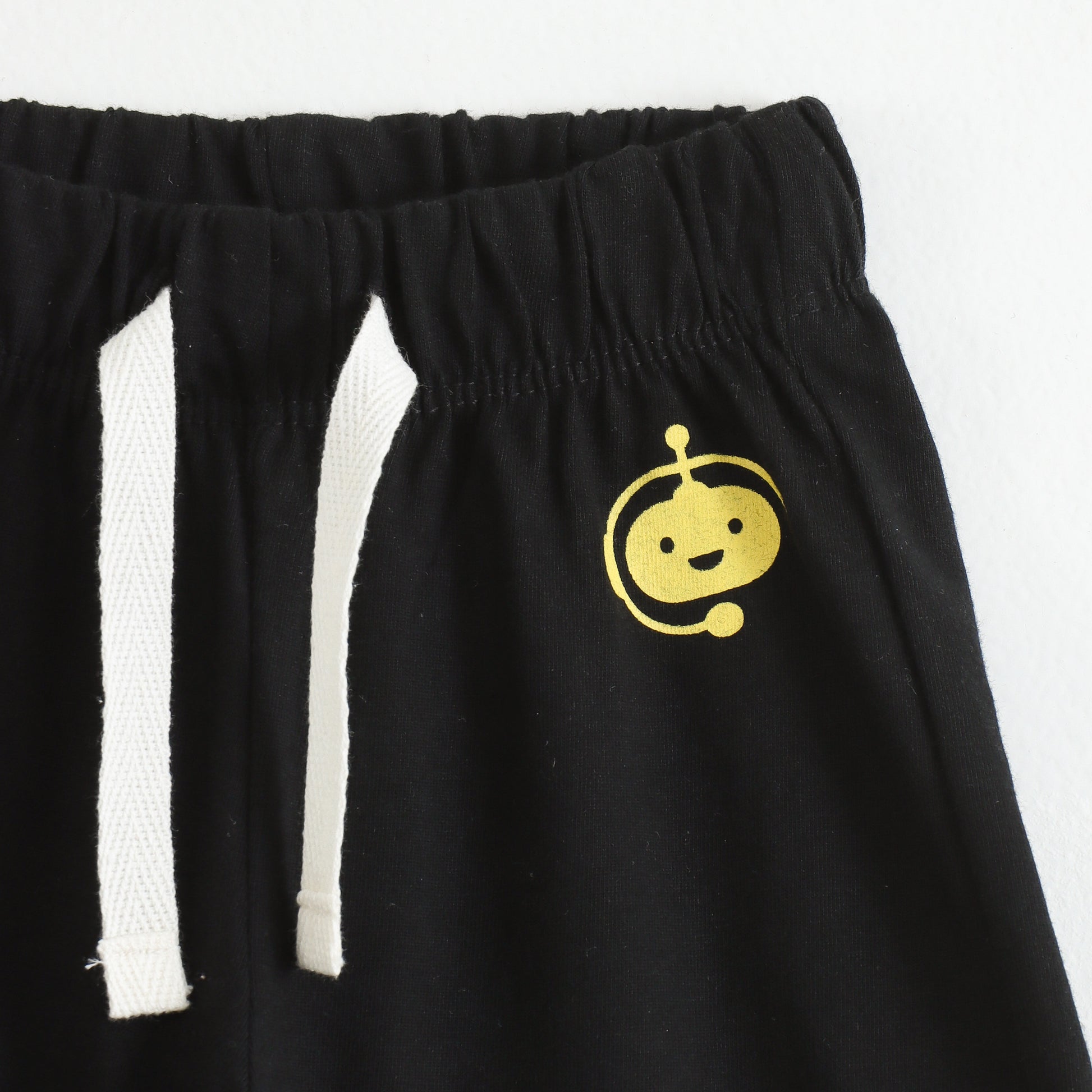 Boys Black Cotton Knit Drawstring Shorts with Robot Print