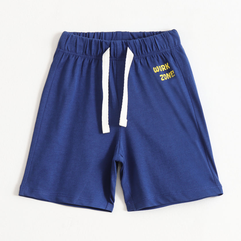 Boys Navy Blue Typography Printed Cotton Knit Regular Fit Shorts with Elastic Waist & Drawstring