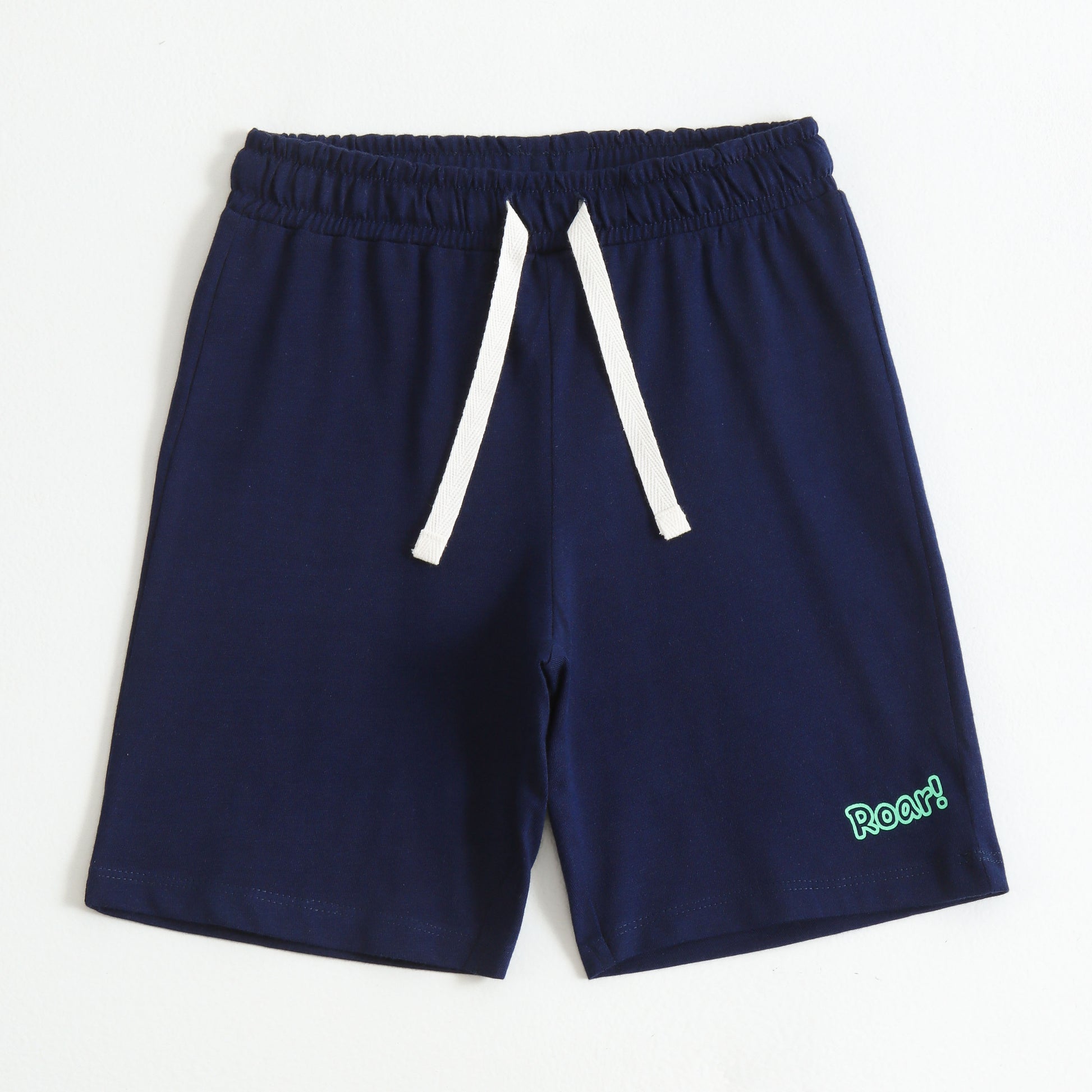 Boys Navy Blue Cotton Knit Drawstring Shorts with Roar Print