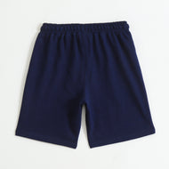 Boys Navy Blue Cotton Knit Drawstring Shorts with Roar Print