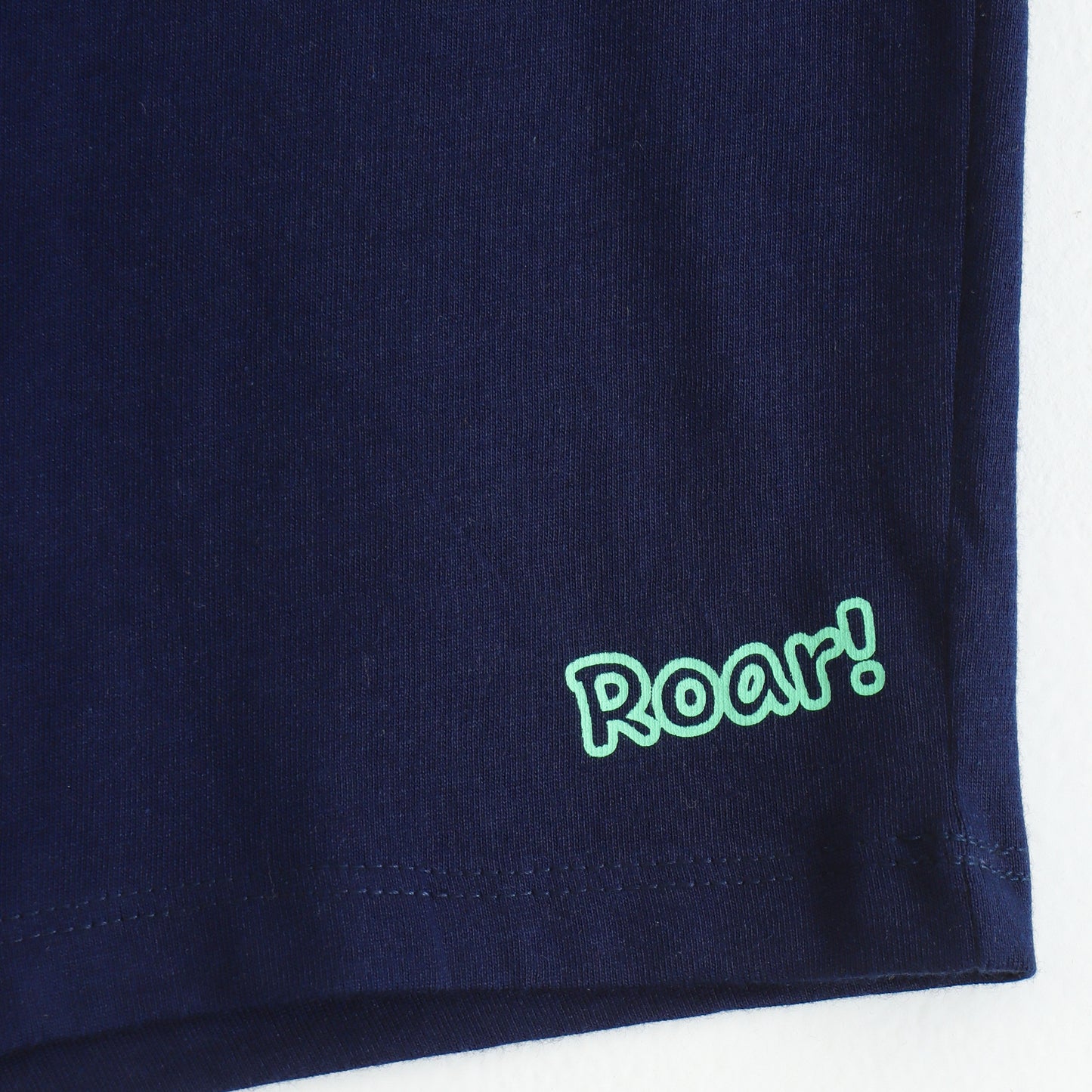 Boys Navy Blue Cotton Knit Drawstring Shorts with Roar Print