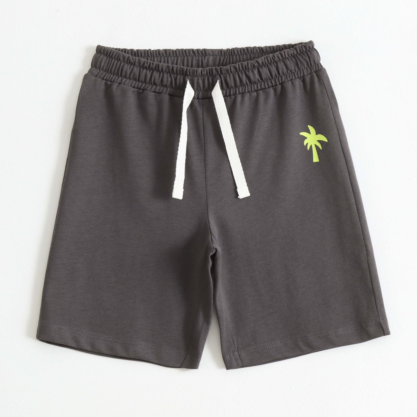 Charcoal Grey Cotton Knit Drawstring Shorts with Palm Tree Print