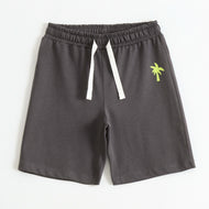 Charcoal Grey Cotton Knit Drawstring Shorts with Palm Tree Print