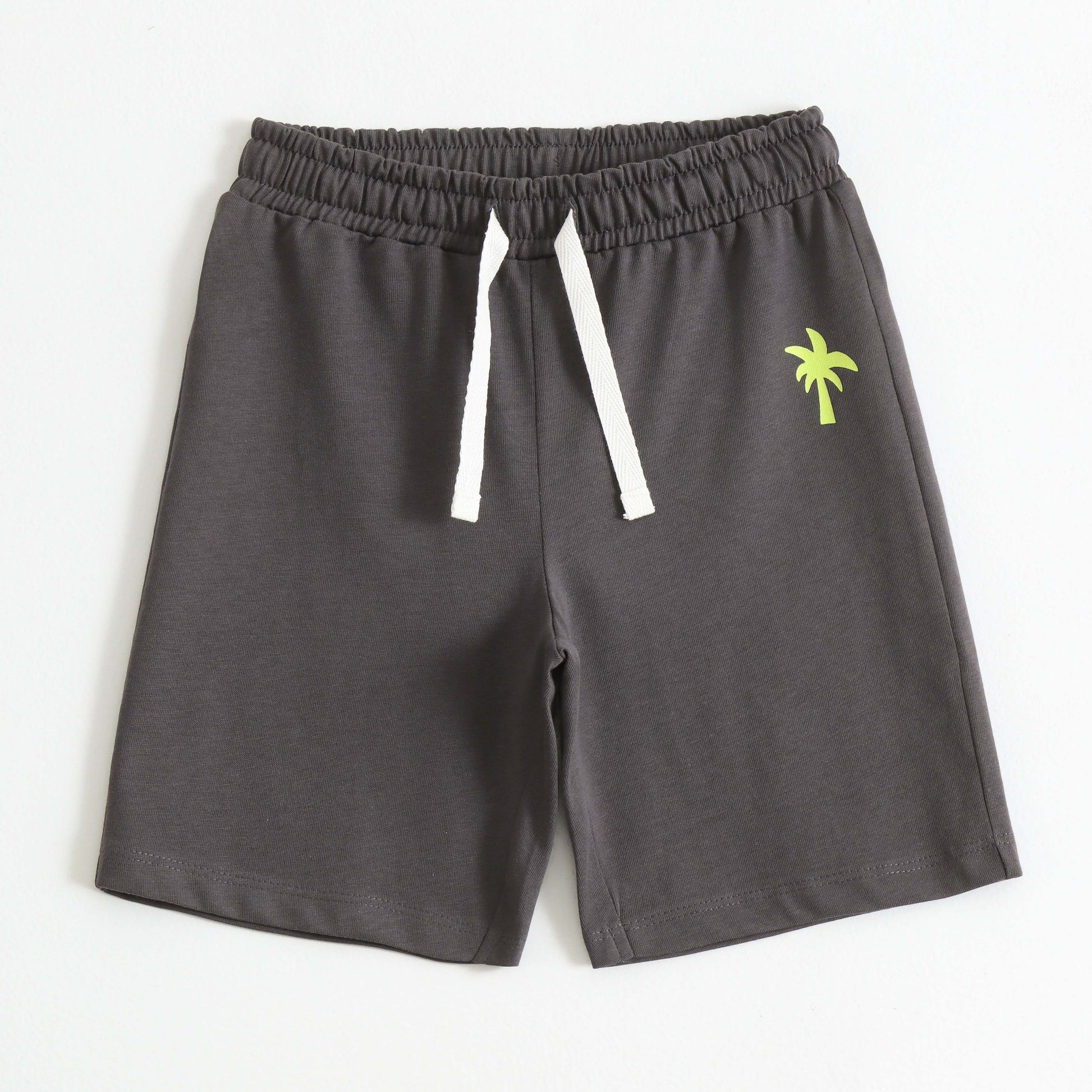 Charcoal Grey Cotton Knit Drawstring Shorts with Palm Tree Print