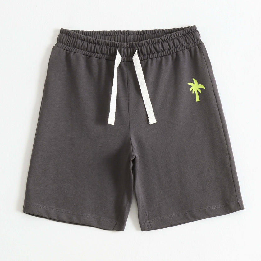 Charcoal Grey Cotton Knit Drawstring Shorts with Palm Tree Print