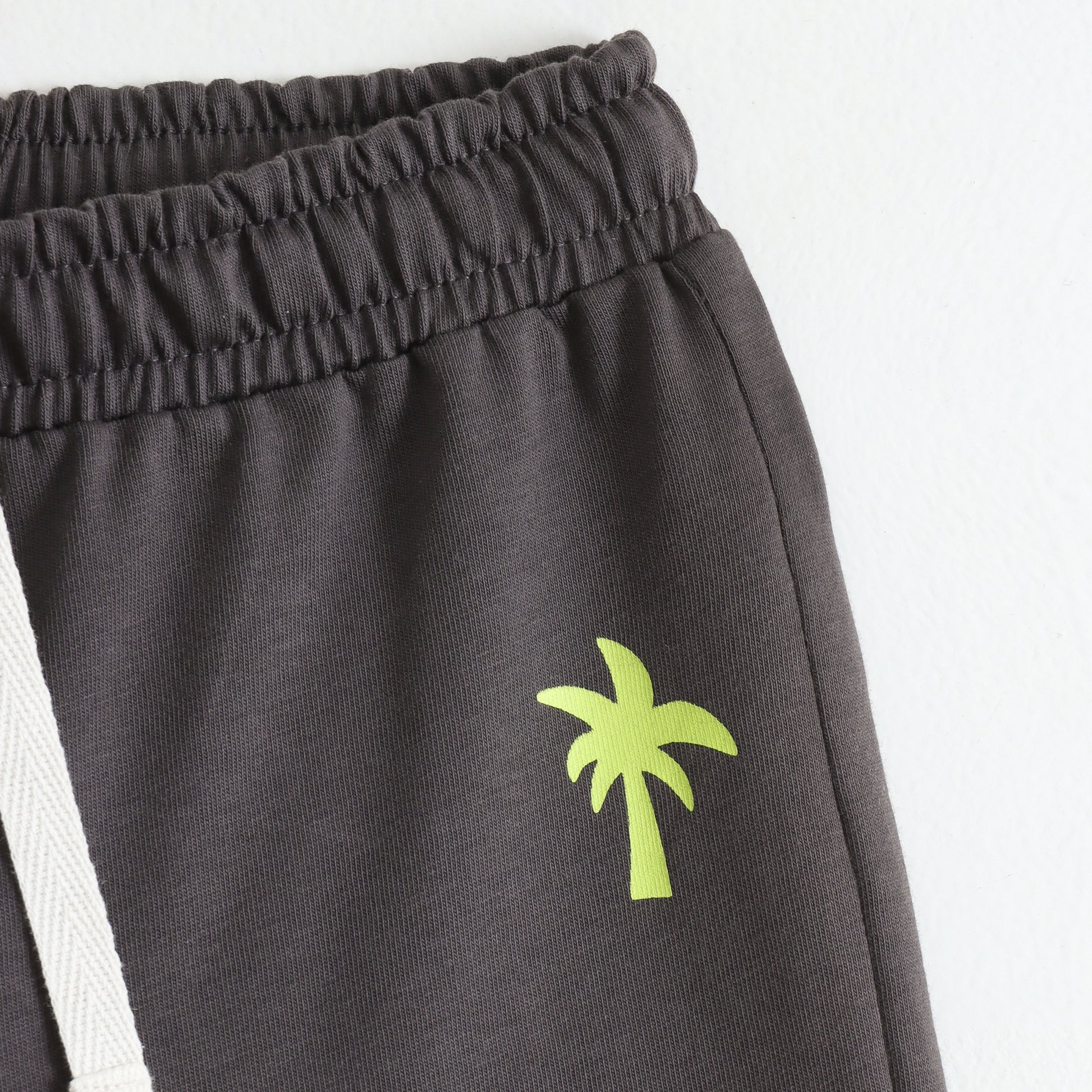 Charcoal Grey Cotton Knit Drawstring Shorts with Palm Tree Print