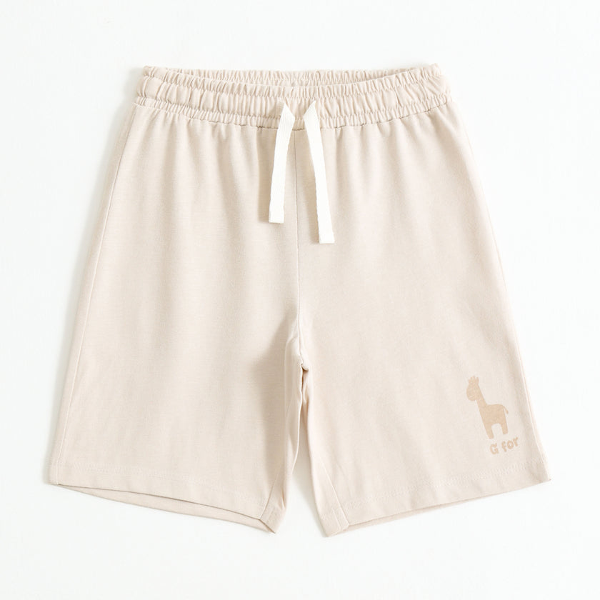 Boys Beige Cotton Knit Drawstring Shorts with Giraffe Print