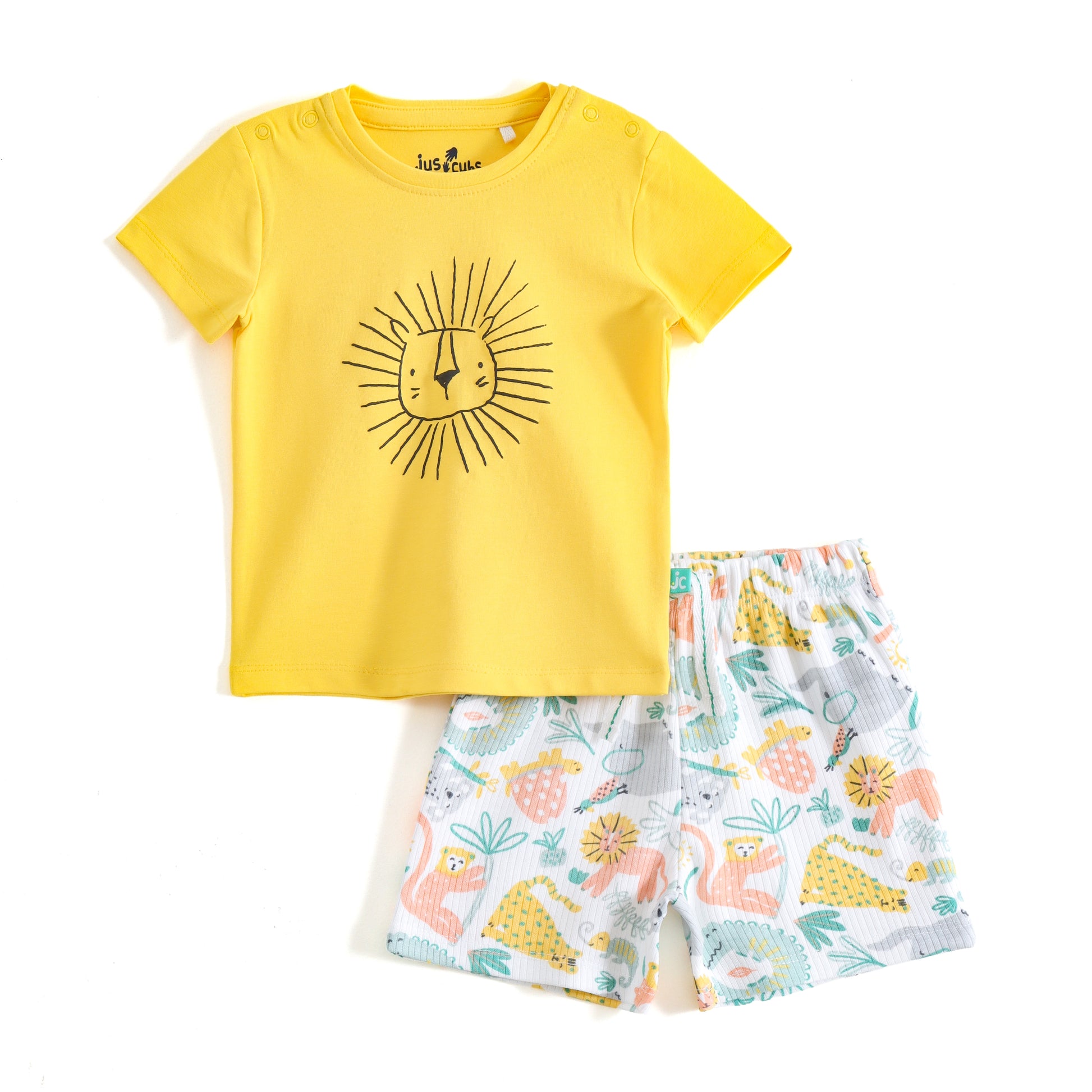 JusCubs Boys Yellow Lion Graphic Printed T-Shirt & Safari Animal Printed Shorts Co-Ord Set