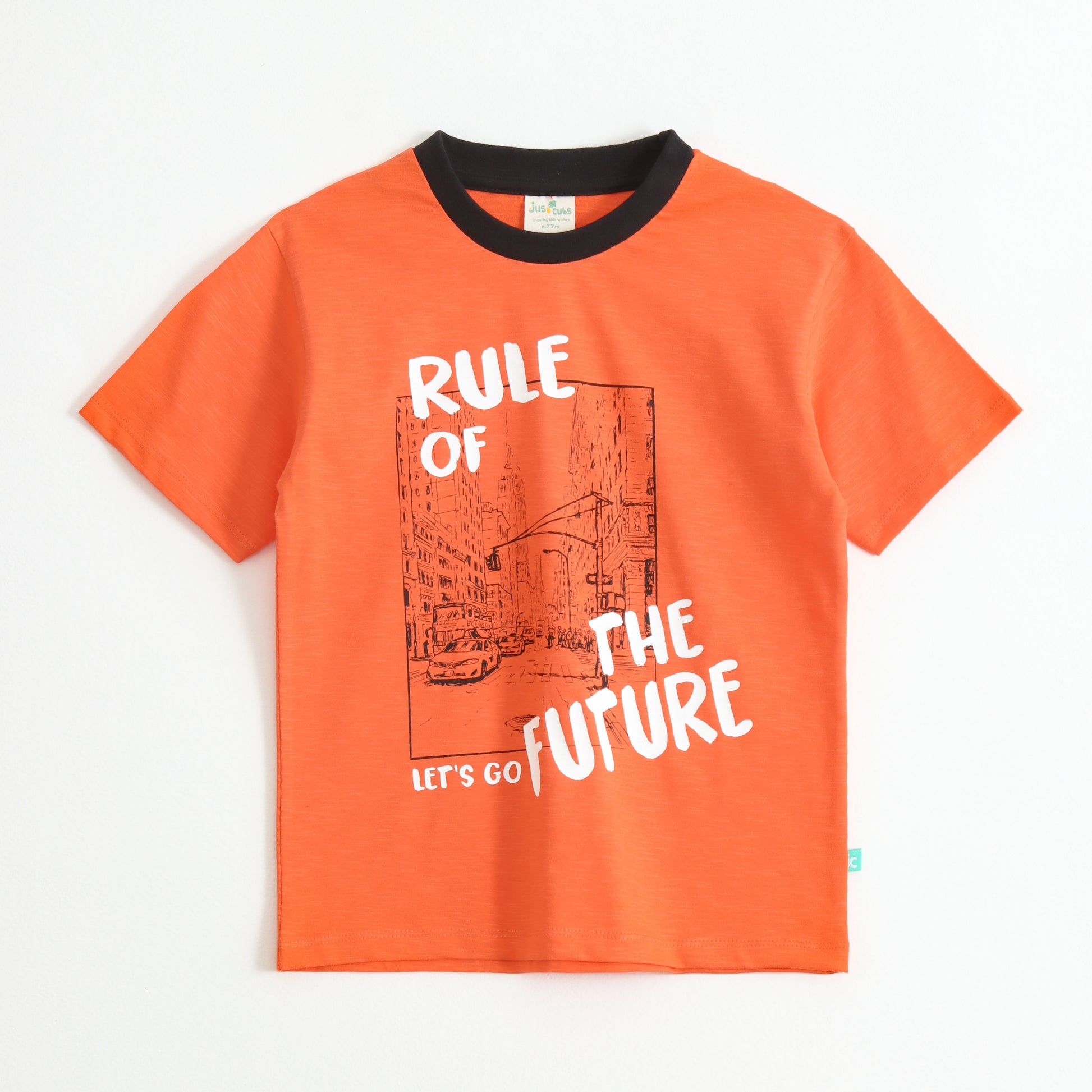 Boys Neon Orange "Rule of the Future" Graphic Printed Cotton T-Shirt