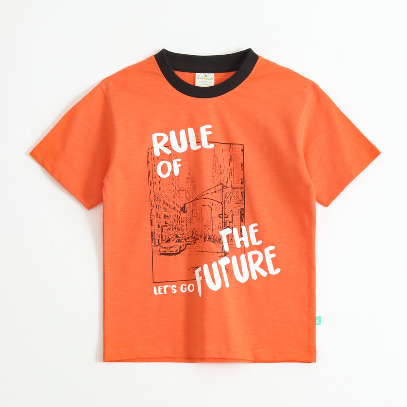 Boys Neon Orange "Rule of the Future" Graphic Printed Cotton T-Shirt