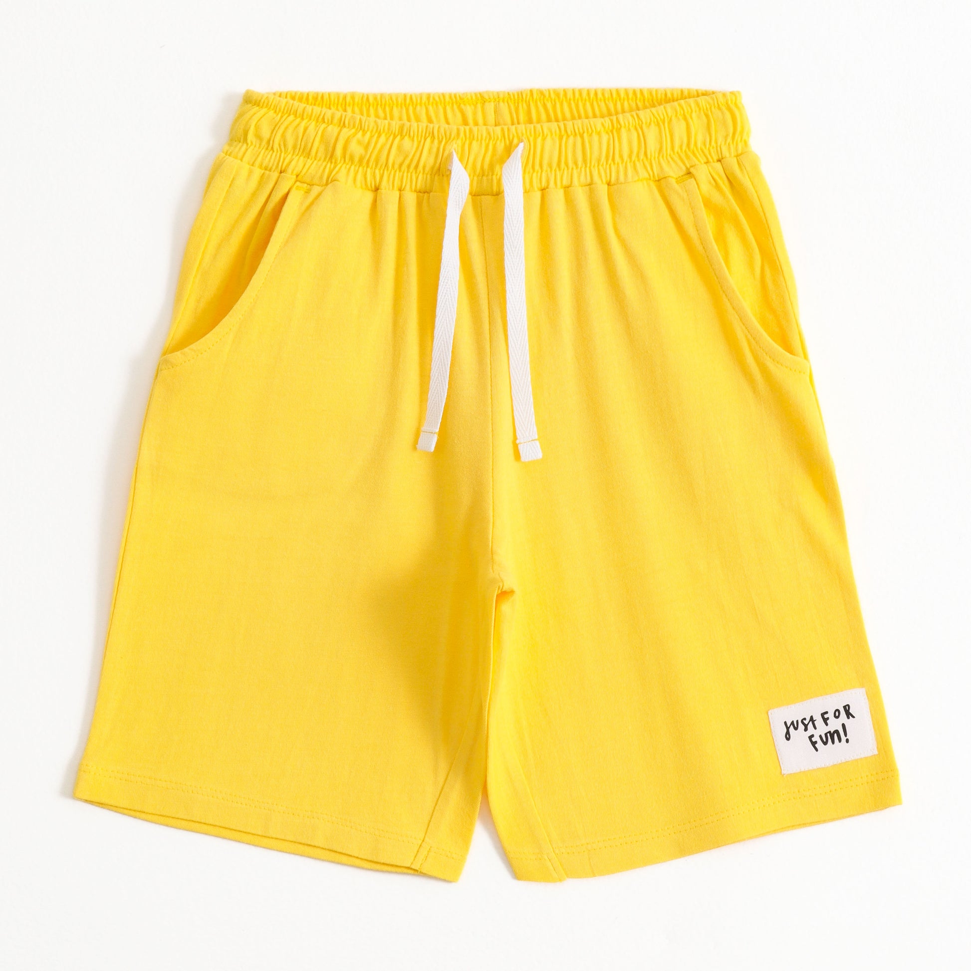 Boys Yellow Solid Cotton Knit Regular Fit Shorts with Elastic Waist, Drawstring & Patch Detail