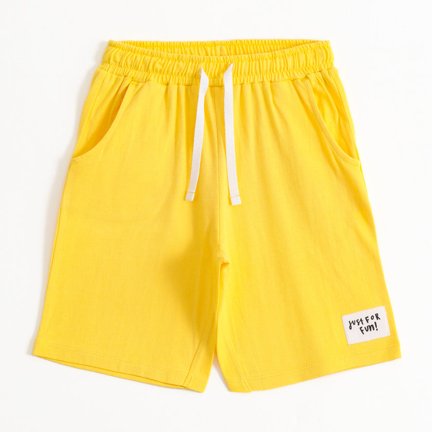 Boys Yellow Solid Cotton Knit Regular Fit Shorts with Elastic Waist, Drawstring & Patch Detail