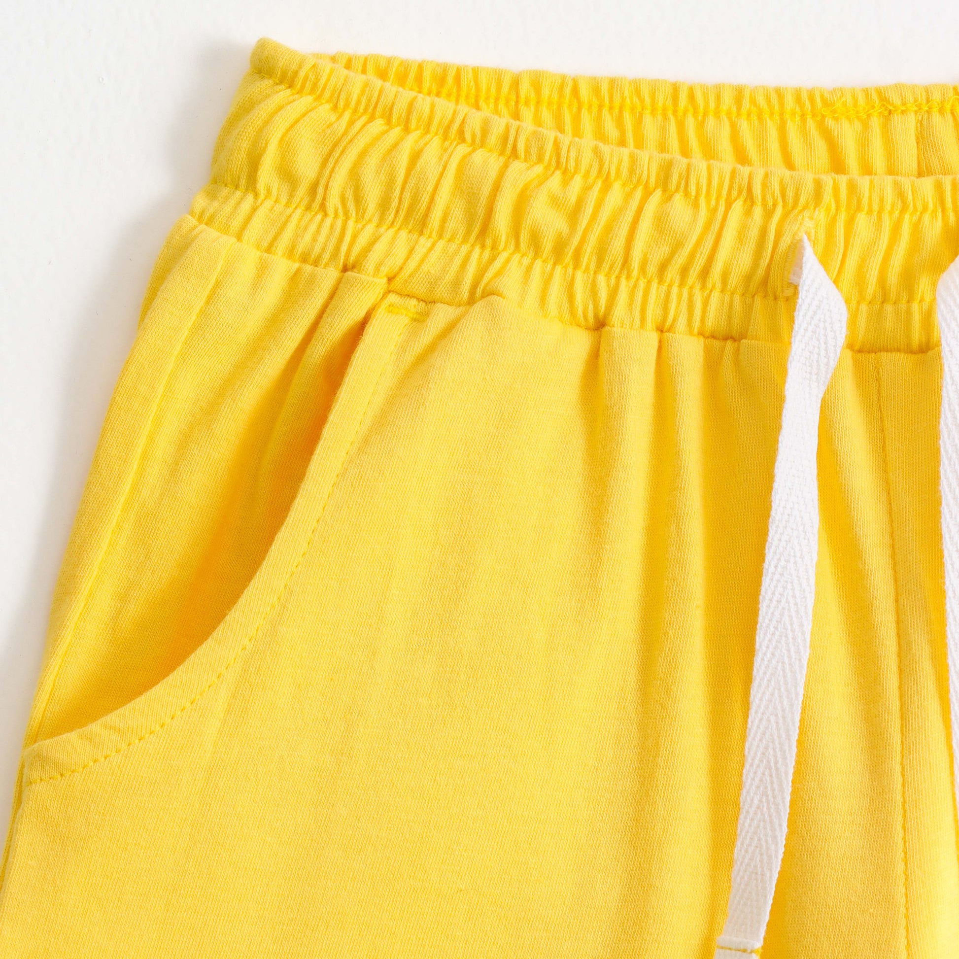 Boys Yellow Solid Cotton Knit Regular Fit Shorts with Elastic Waist, Drawstring & Patch Detail