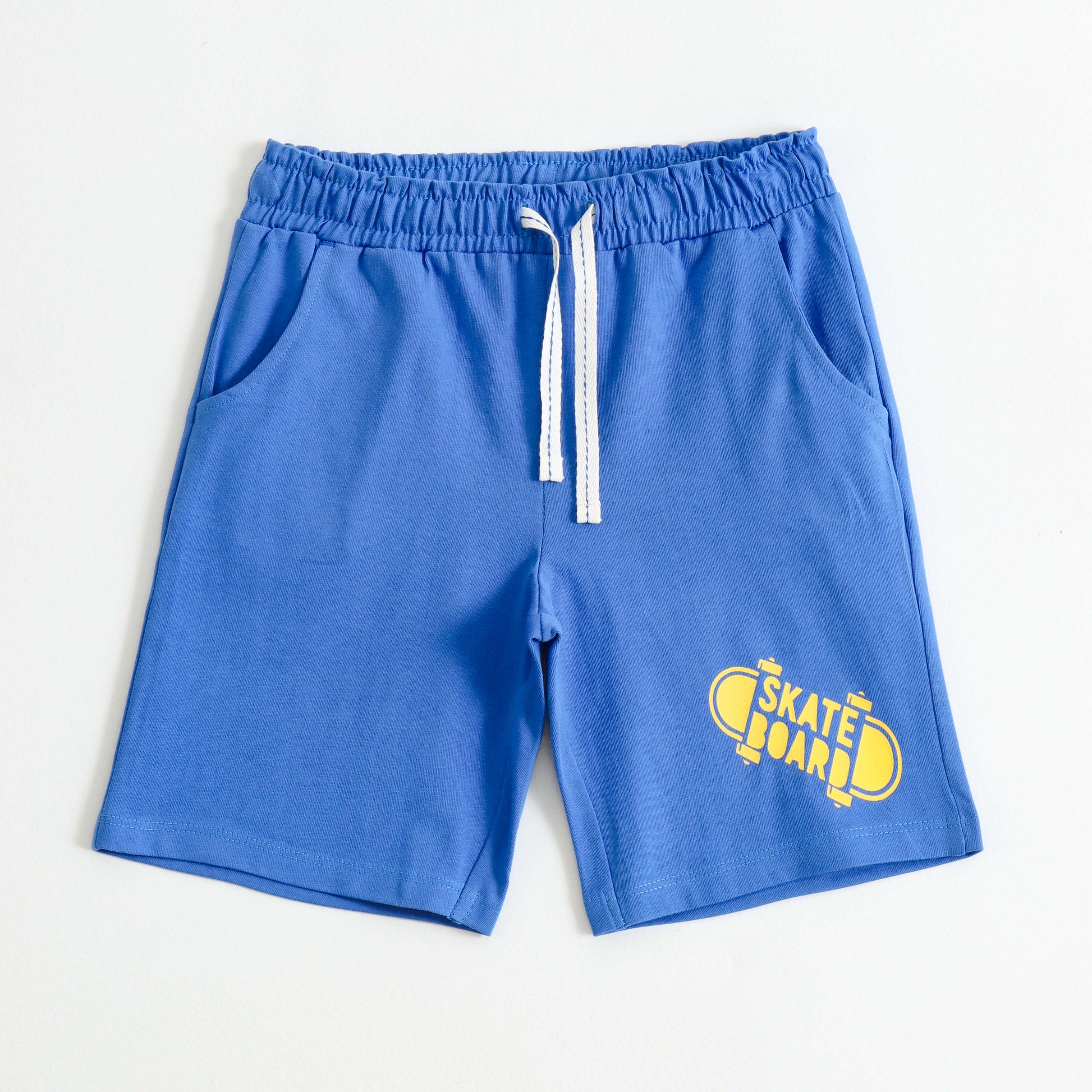 Boys Blue Cotton Knit Drawstring Shorts with Skateboard Print