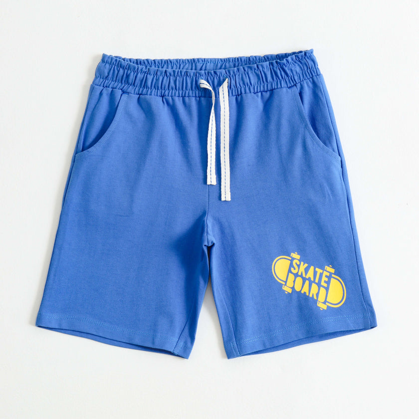 Boys Blue Cotton Knit Drawstring Shorts with Skateboard Print