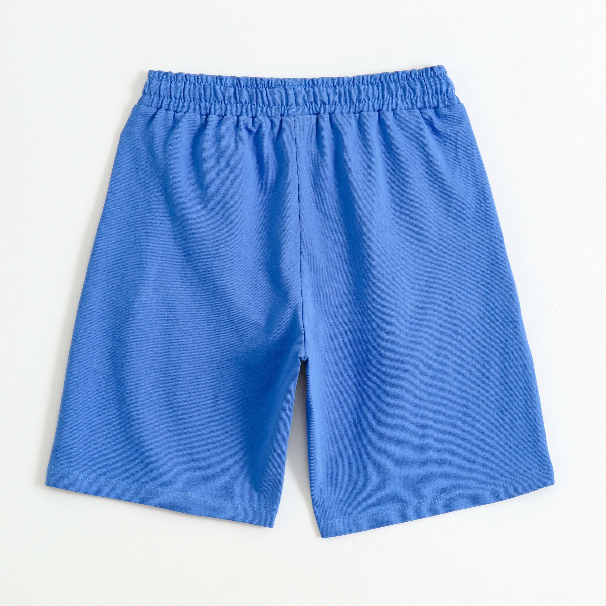 Boys Blue Cotton Knit Drawstring Shorts with Skateboard Print