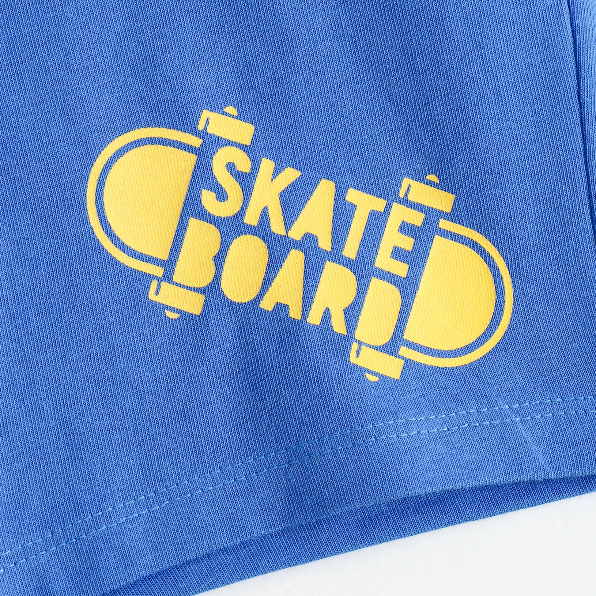 Boys Blue Cotton Knit Drawstring Shorts with Skateboard Print