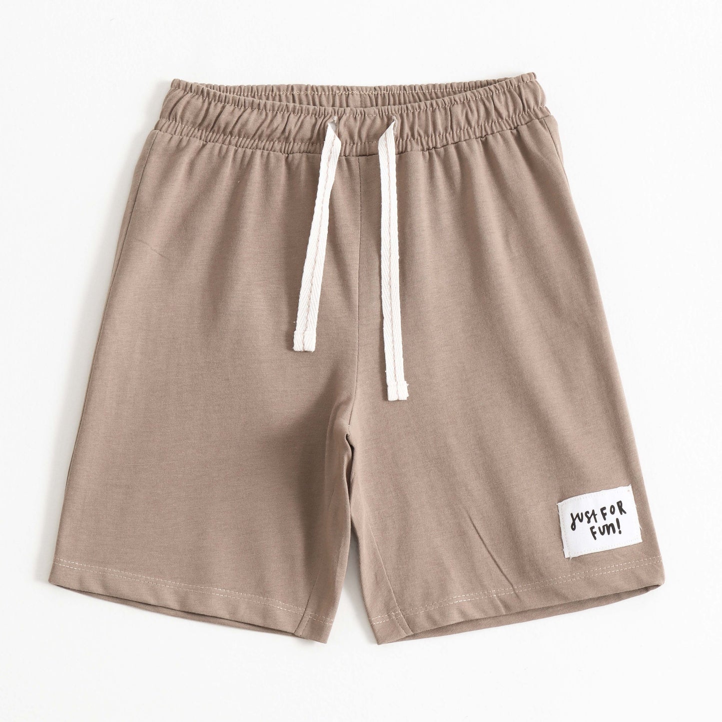 Boys Beige Solid Cotton Knit Drawstring Regular Fit Shorts with Patch Detail