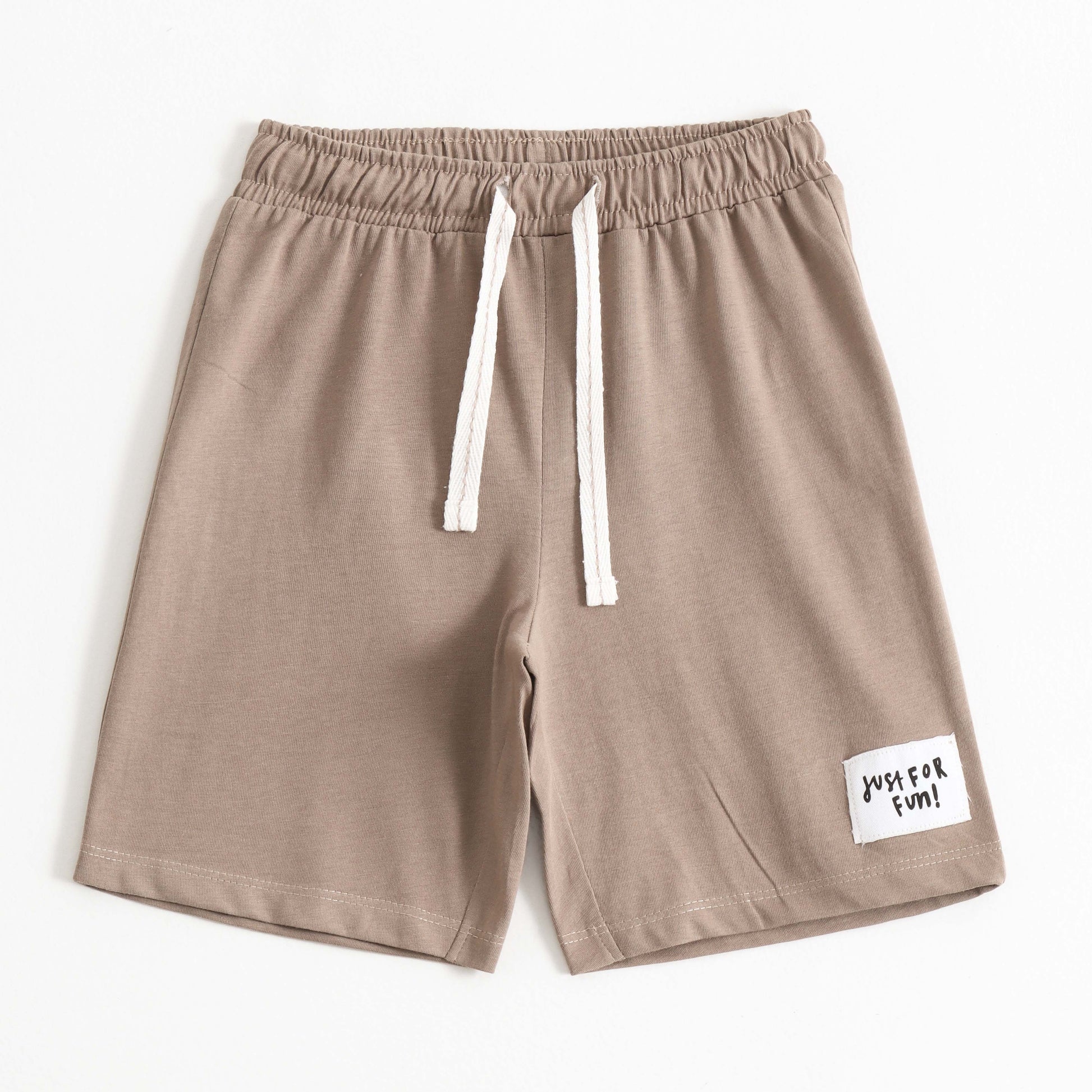 Boys Beige Solid Cotton Knit Drawstring Regular Fit Shorts with Patch Detail