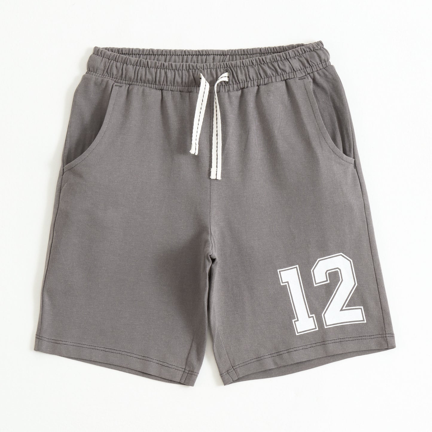 Grey Number Print Cotton Shorts with Drawstring Waist