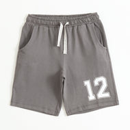 Grey Number Print Cotton Shorts with Drawstring Waist