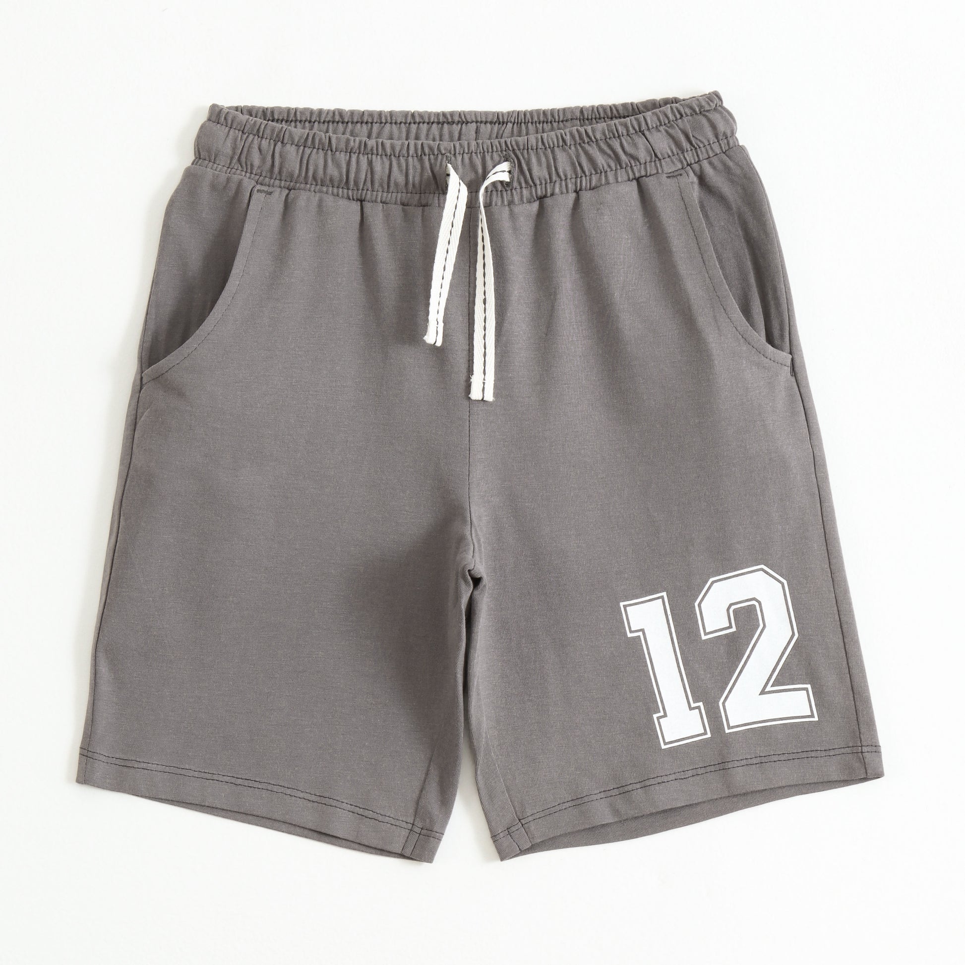 Grey Number Print Cotton Shorts with Drawstring Waist