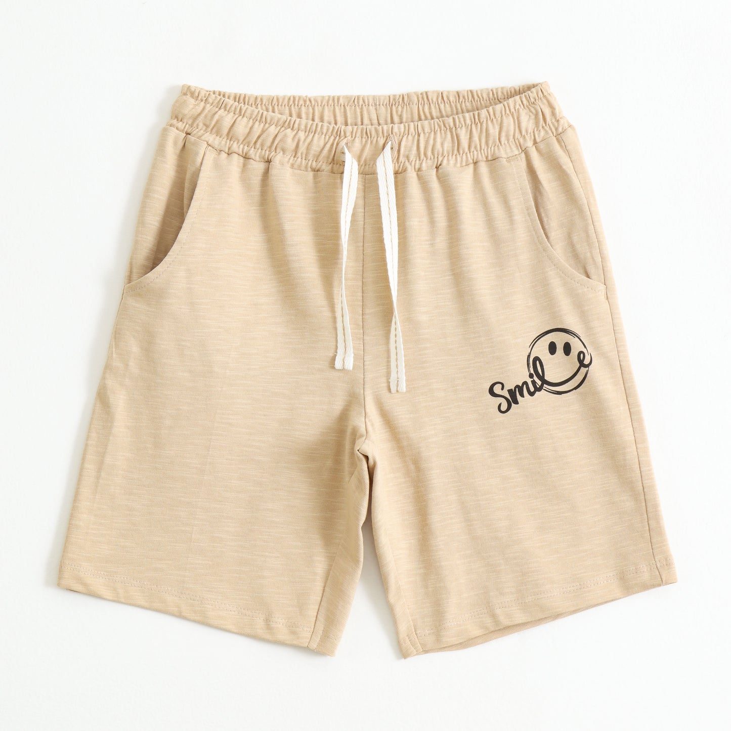 Boys Beige "Smile" Printed Cotton Shorts with Drawstring Waist