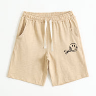 Boys Beige "Smile" Printed Cotton Shorts with Drawstring Waist