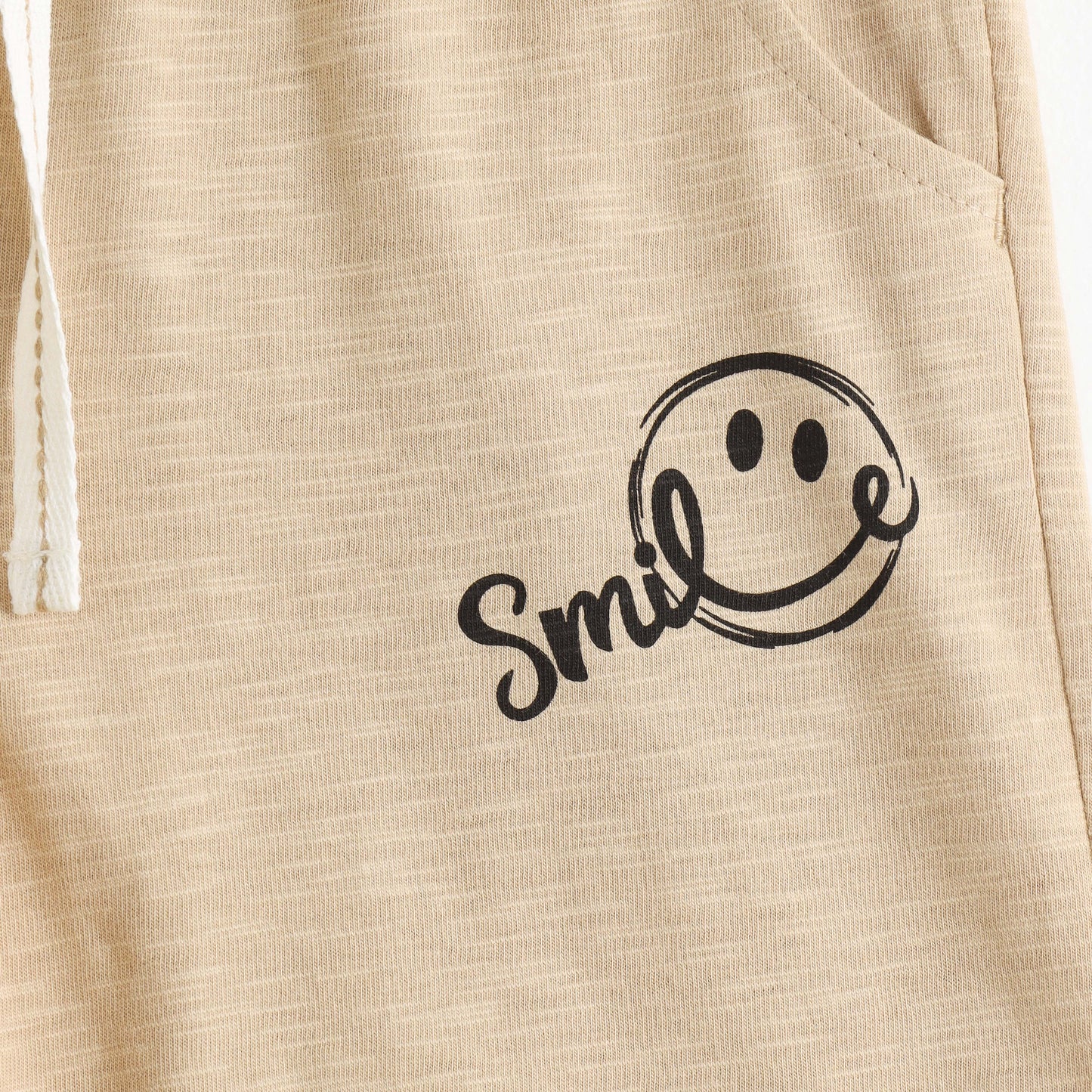 Boys Beige "Smile" Printed Cotton Shorts with Drawstring Waist