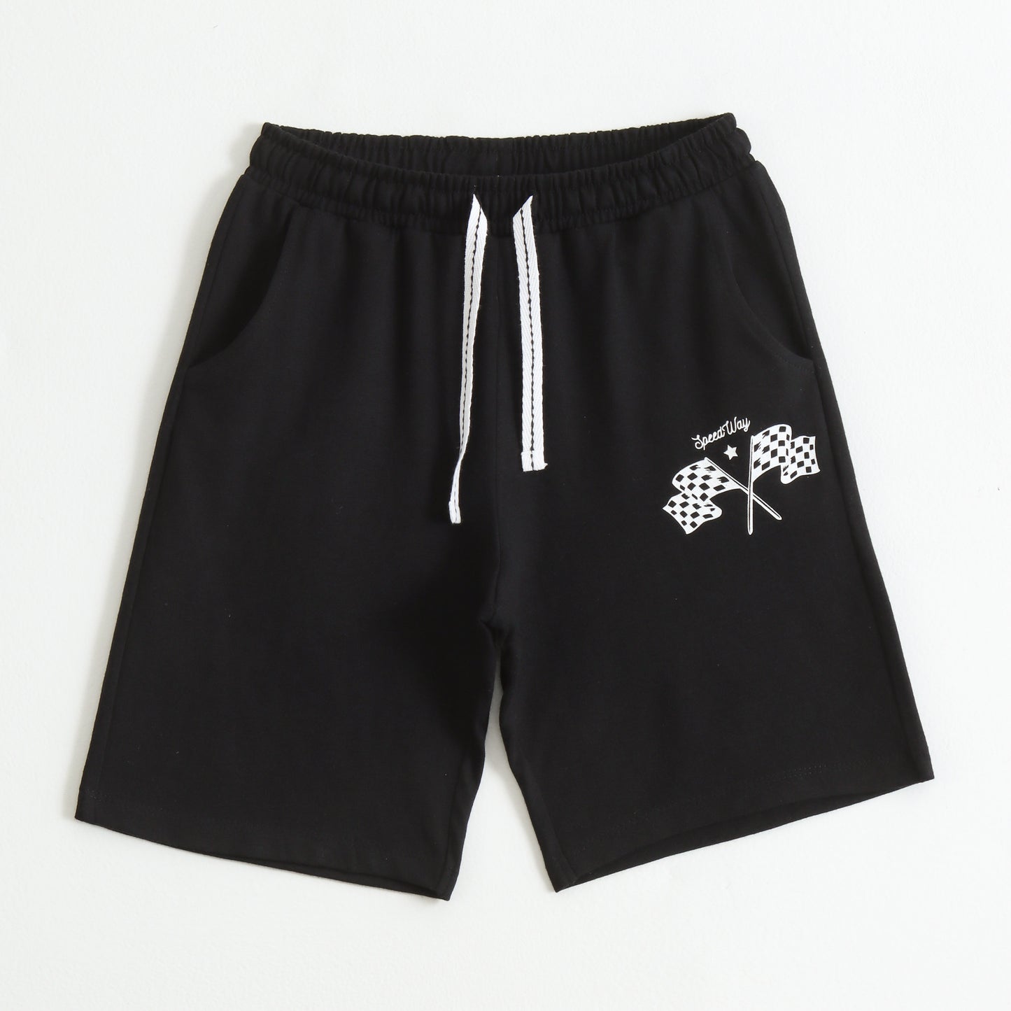 Boys Black Racing Flag Printed Cotton Shorts with Drawstring Waist