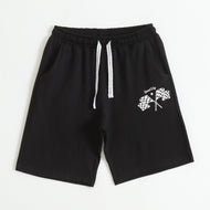 Boys Black Racing Flag Printed Cotton Shorts with Drawstring Waist
